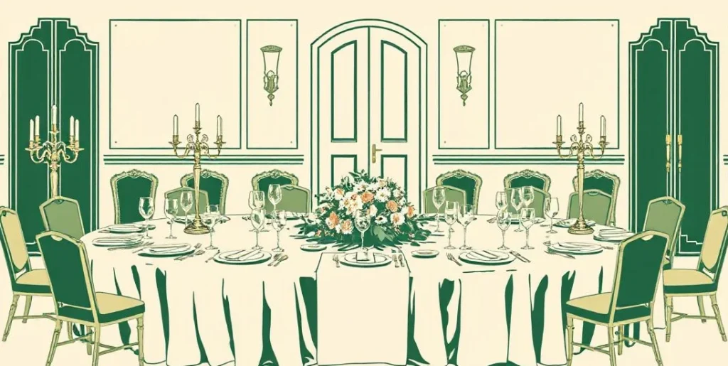 Illustration of an elegant banquet table with candelabras and fine china