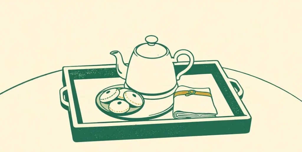 Illustration of a tray with a teapot, cookies and a folded napkin