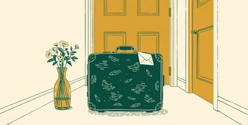 Illustration of a suitcase in a hallway beside fresh flowers and a lit lamp