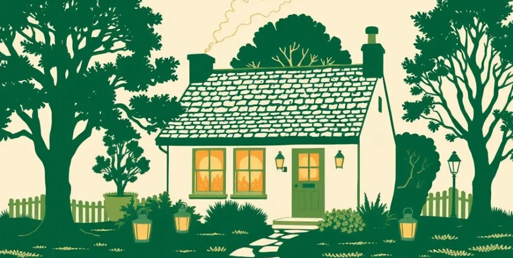 Illustration of a cozy cottage with lit windows and a lantern-lined path