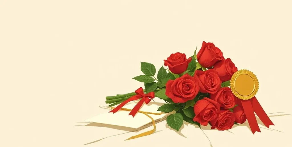 Illustration of a bouquet of roses beside a gold prize rosette