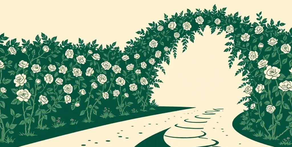 Illustration of a garden path forking beneath an arch of climbing roses