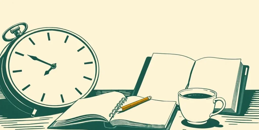 Illustration of a plain clock beside a blank open planner, pencil and coffee cup