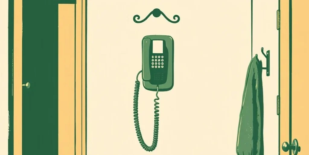 Illustration of a wall-mounted telephone with a coiled cord in a hallway