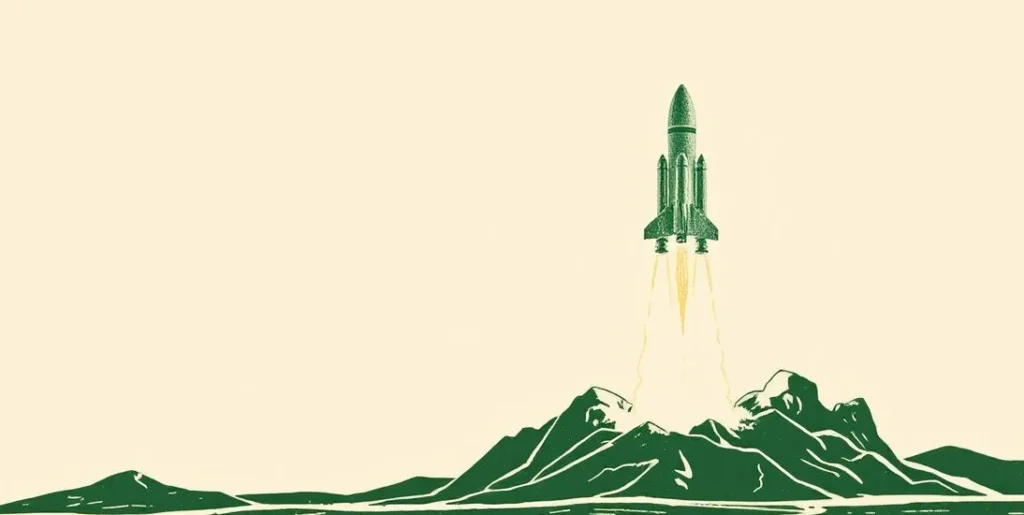 Illustration of a rocket lifting off into a clear sky
