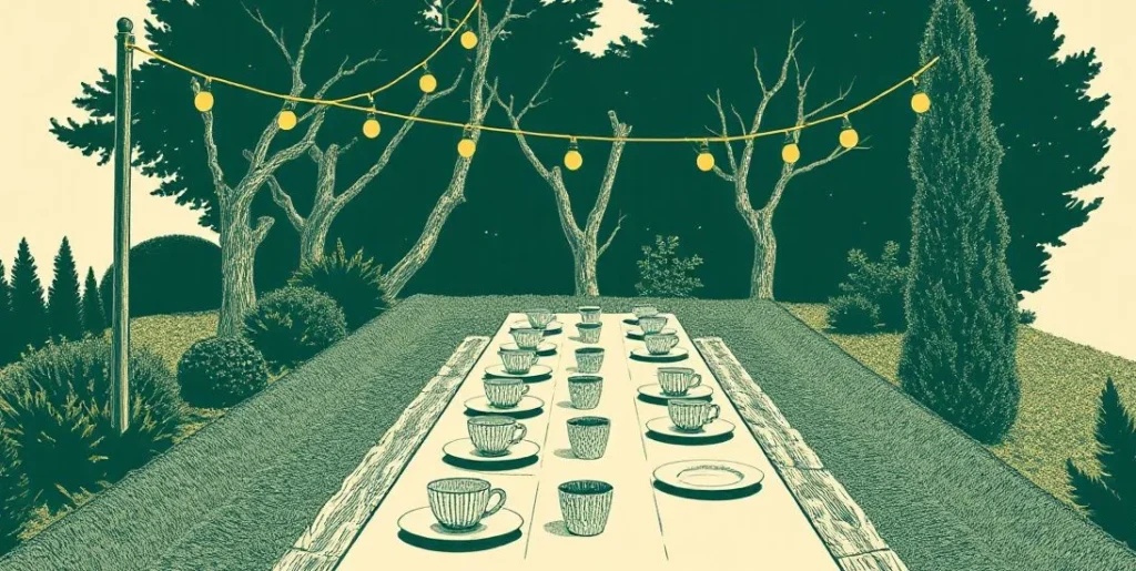 Illustration of a long garden table set for many under string lights