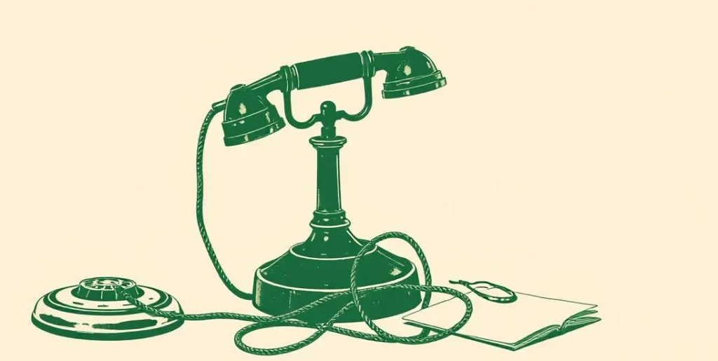 Illustration of a candlestick telephone off the hook with a tangled cord