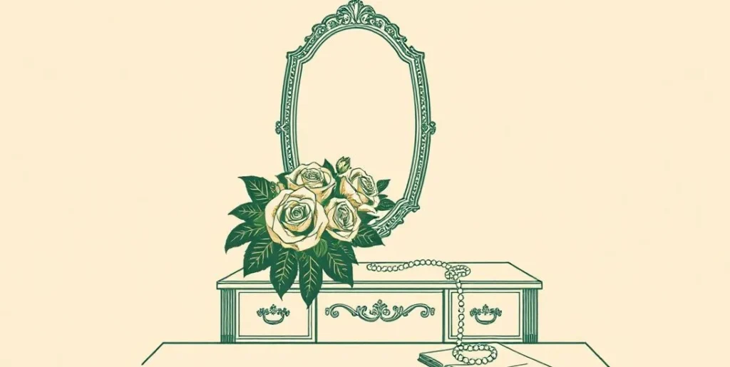 Illustration of a vanity table with an ornate mirror, roses and pearls