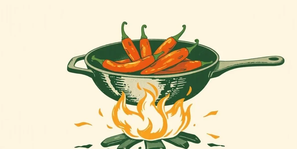 Illustration of red chili peppers sizzling in a skillet over a flame