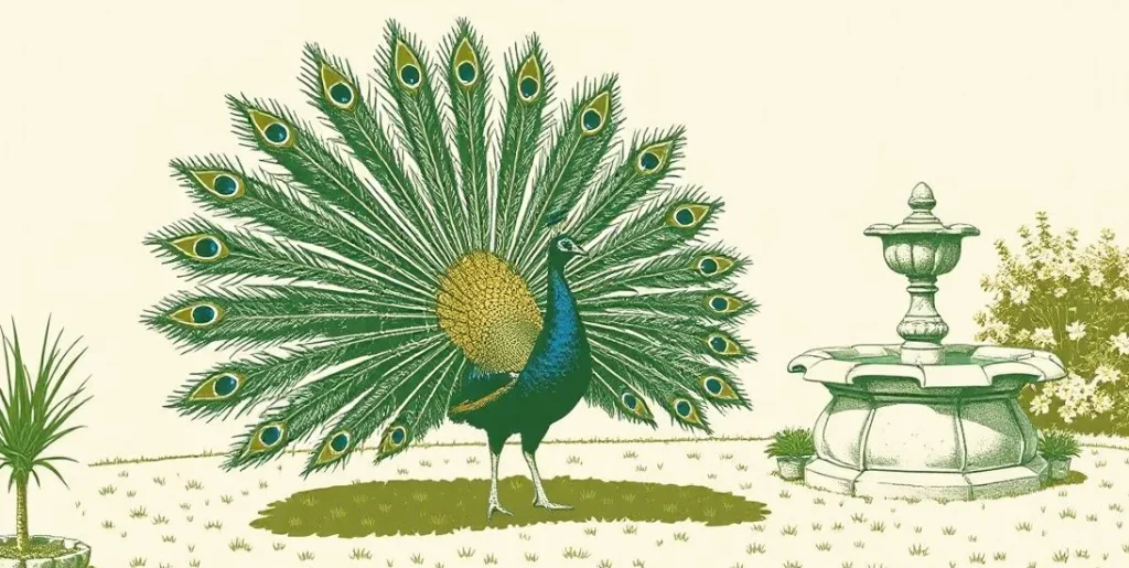 Illustration of a peacock fanning its tail feathers beside a garden fountain