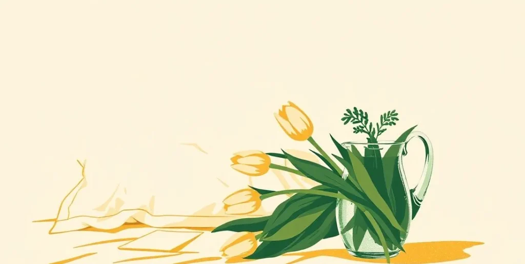 Illustration of tulips and a water pitcher on a bedside table