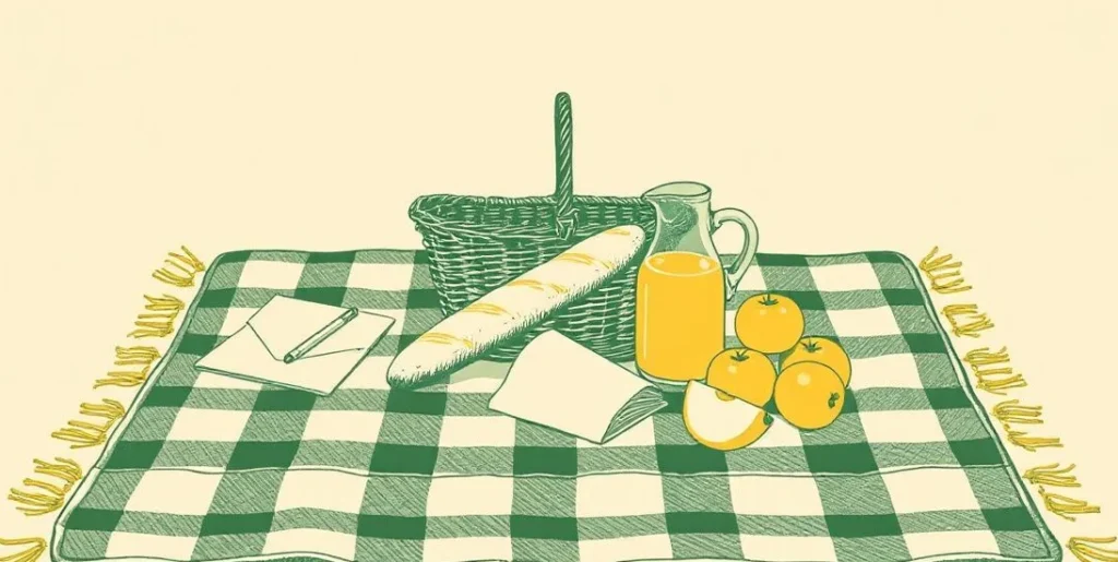 Illustration of a picnic blanket with a basket, a baguette, fruit and juice