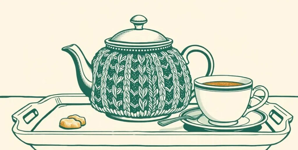 Illustration of a teapot in a knitted cozy beside a cup and biscuits