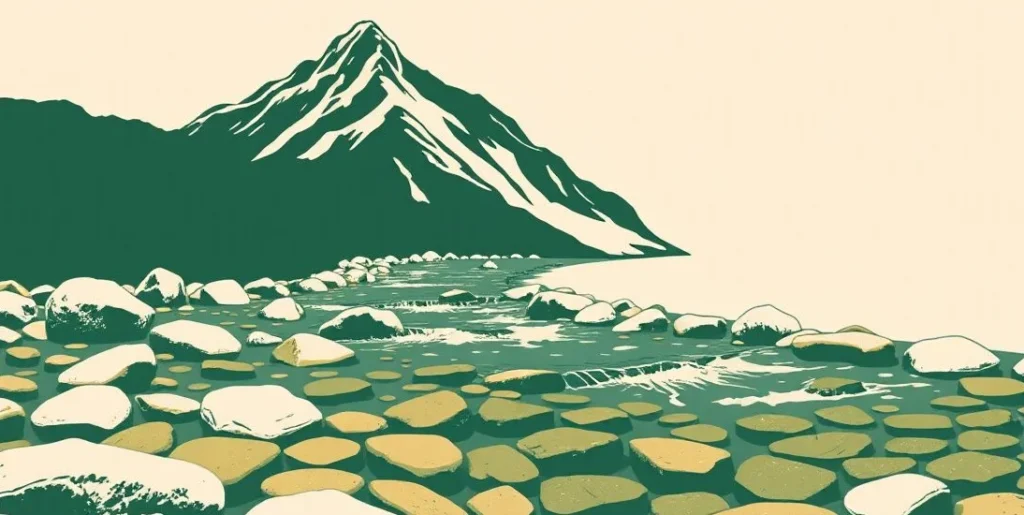 Illustration of a crystal-clear mountain stream flowing over smooth stones