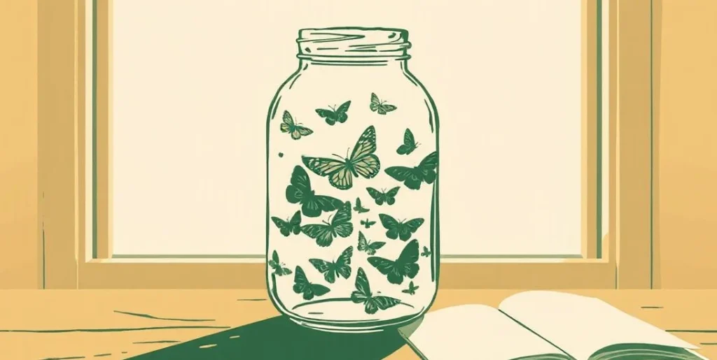 Illustration of butterflies fluttering inside a glass jar on a table