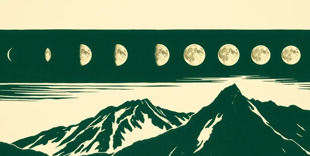 Illustration of the moon's phases across a night sky above mountains