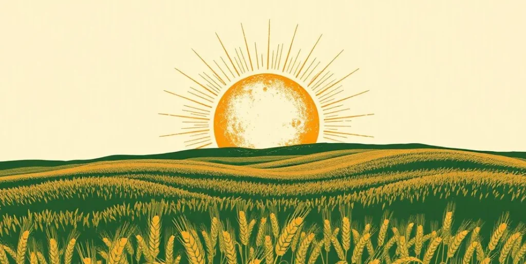 Illustration of a radiant sun rising over golden wheat fields
