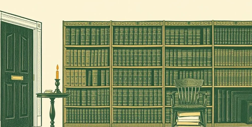 Illustration of a bookshelf of leather-bound classics beside a reading chair