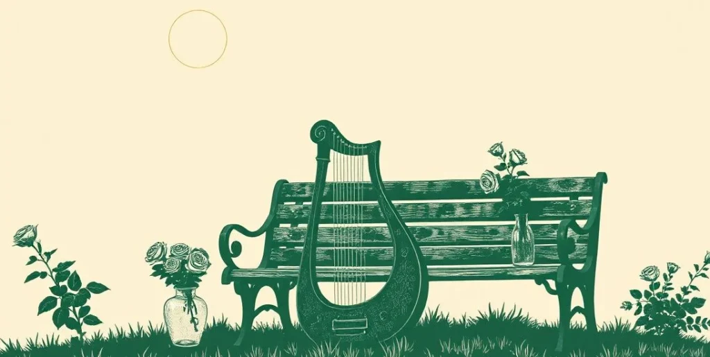 Illustration of a lyre leaning on a garden bench beside roses under the moon