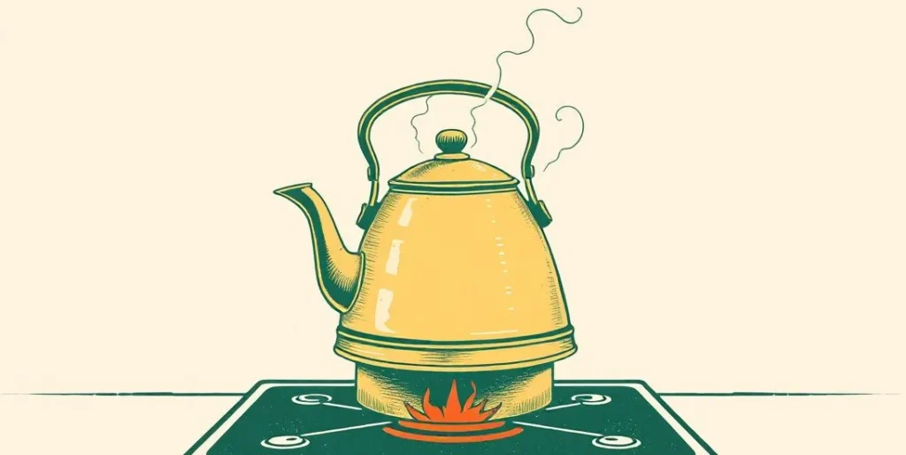 Illustration of a kettle boiling over on a stove with steam bursting from the spout