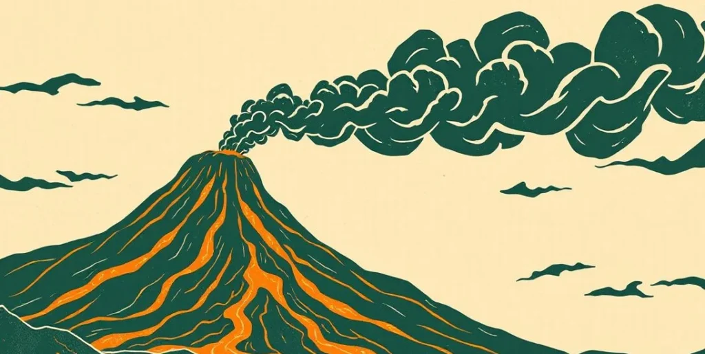 Illustration of an erupting volcano with lava and billowing smoke