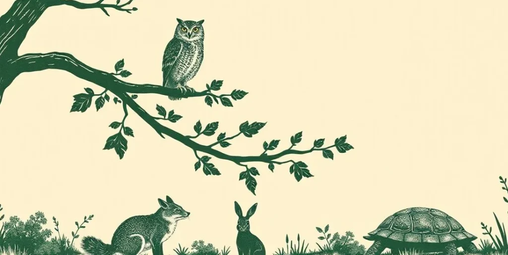 Illustration of an owl, fox, rabbit and turtle in a woodland clearing
