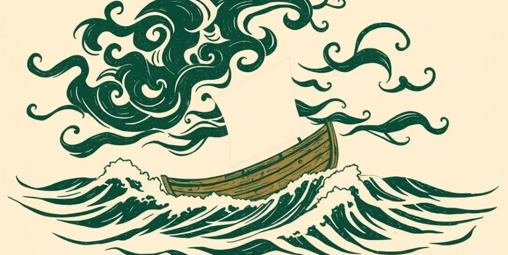 Illustration of a small boat tossed on stormy waves under dark clouds
