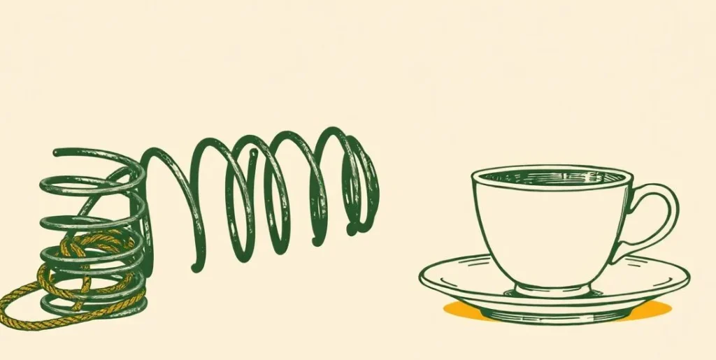 Illustration of a tightly wound spring beside a tangled rope and teacup
