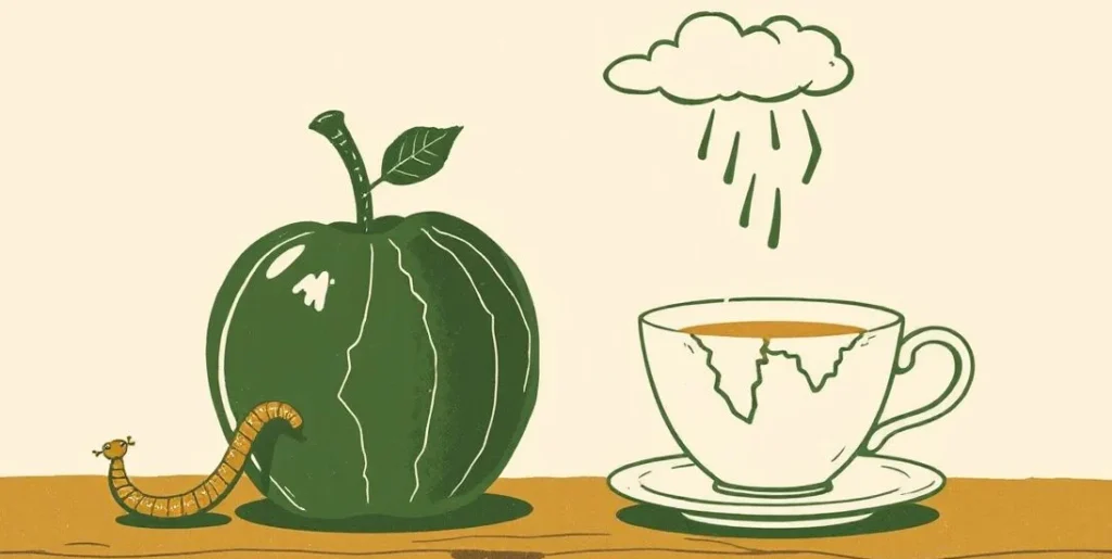Illustration of a rotten apple, spoiled milk and a cracked teacup