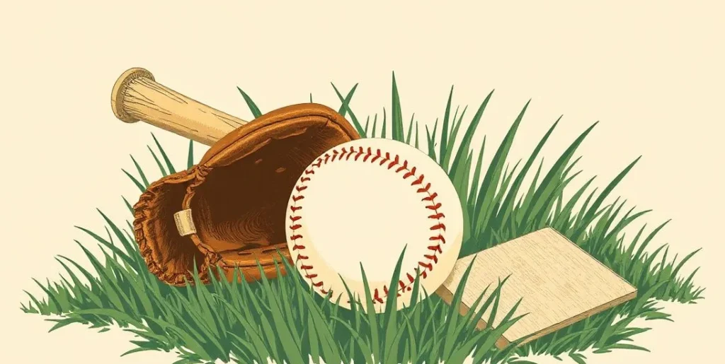 Illustration of a baseball, wooden bat and leather glove near home plate