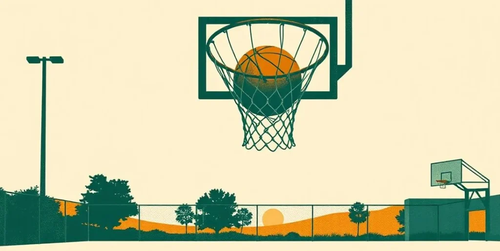 Illustration of a basketball dropping through an outdoor hoop at sunset