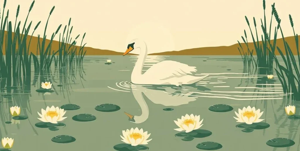 Illustration of a swan gliding on a still lake among water lilies at sunset