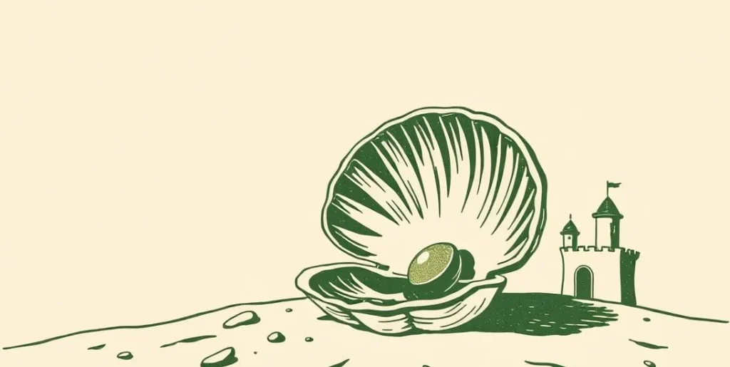 Illustration of an open clam shell with a pearl on a sunny beach