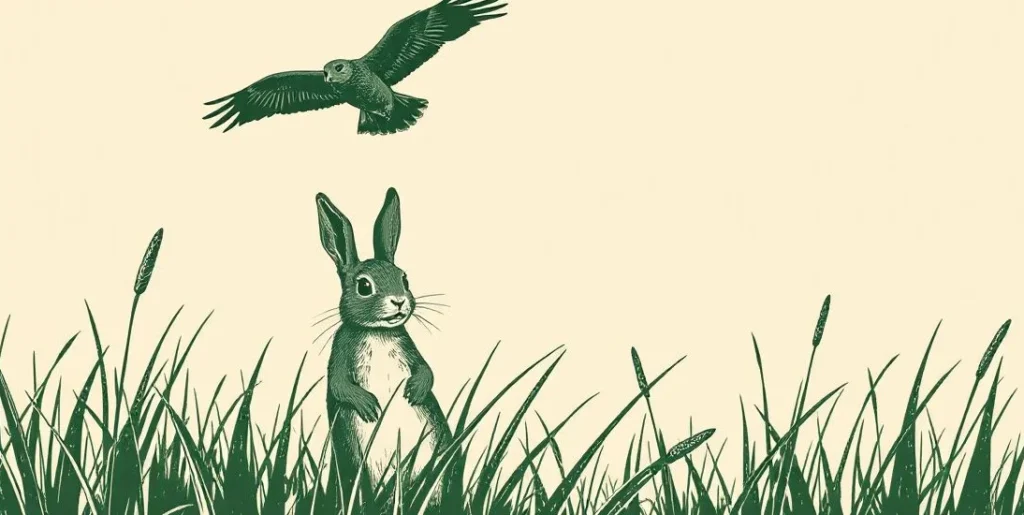Illustration of a frightened rabbit frozen in tall grass under a hawk's shadow