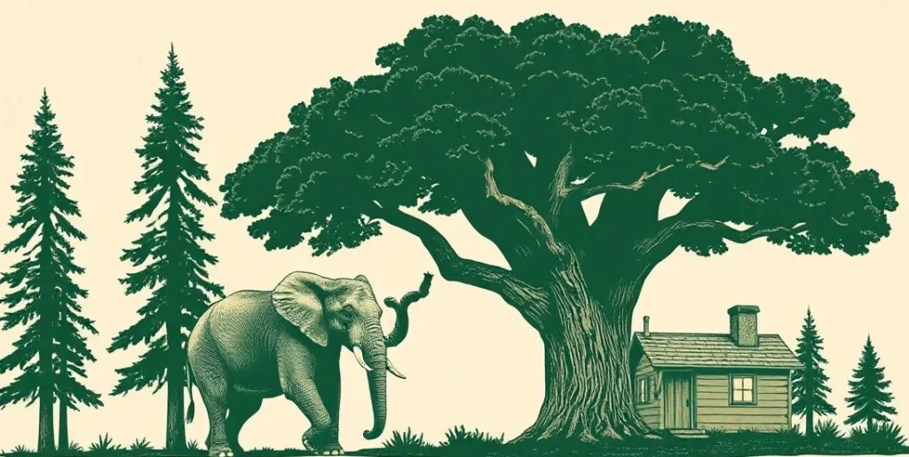 Illustration of an elephant beside a giant sequoia towering over a cabin