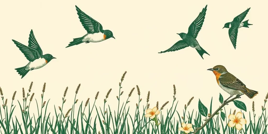Illustration of swallows swooping over a meadow and a songbird on a branch