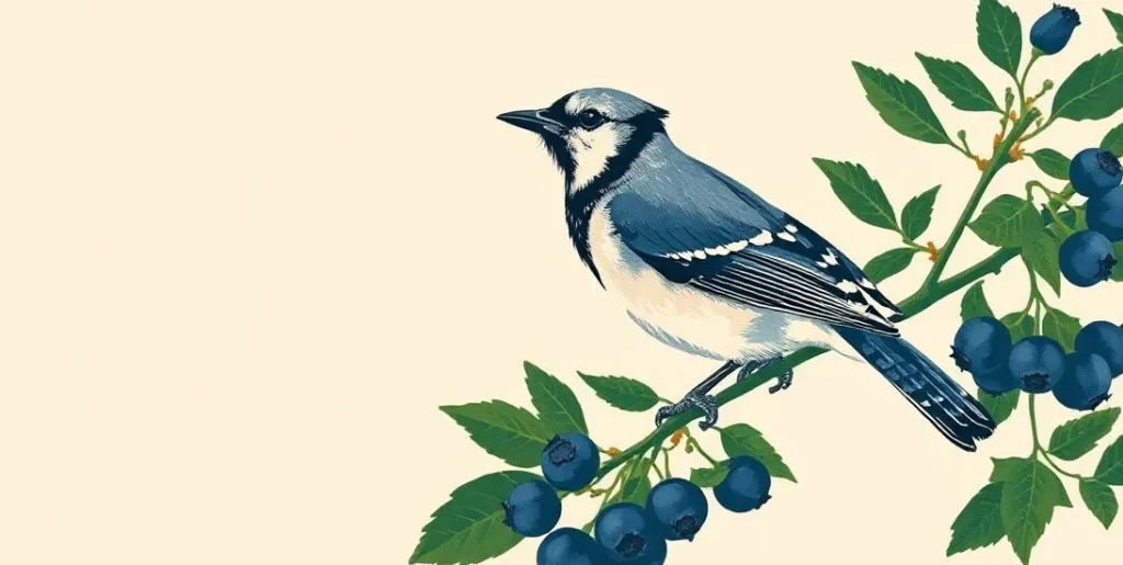 Illustration of a blue jay on a blueberry branch beneath a clear sky
