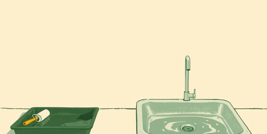 Illustration of a freshly painted wall, a paint roller and a sink of dishwater