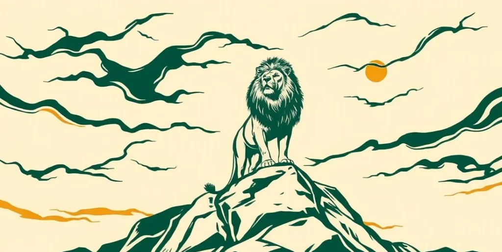 Illustration of a lion standing on a rocky ledge beneath a stormy sky