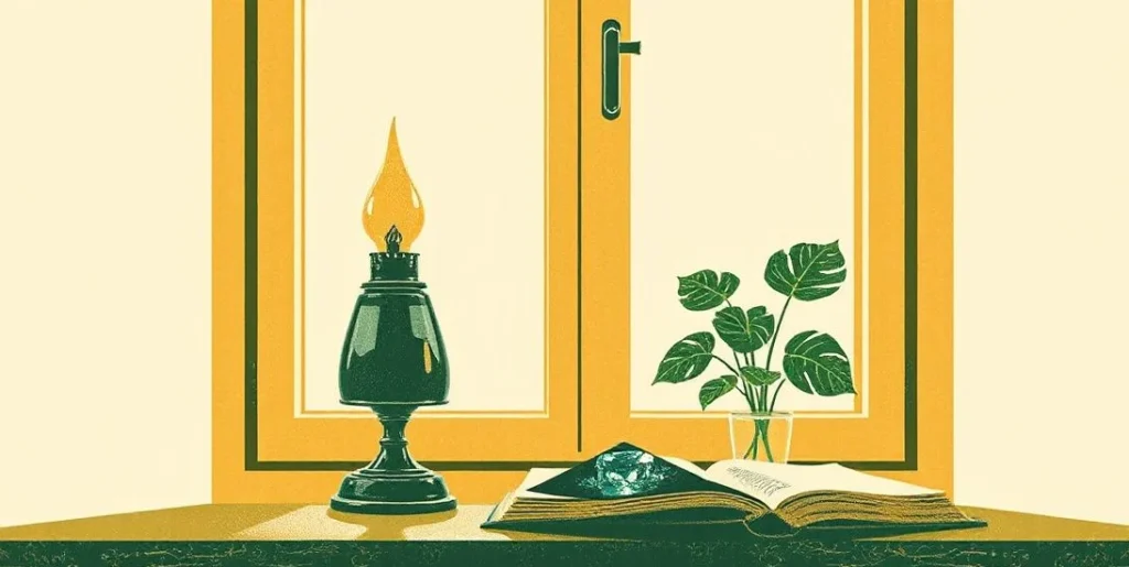 Illustration of a sparkling diamond beside a lit oil lamp and a potted plant on a sunny windowsill