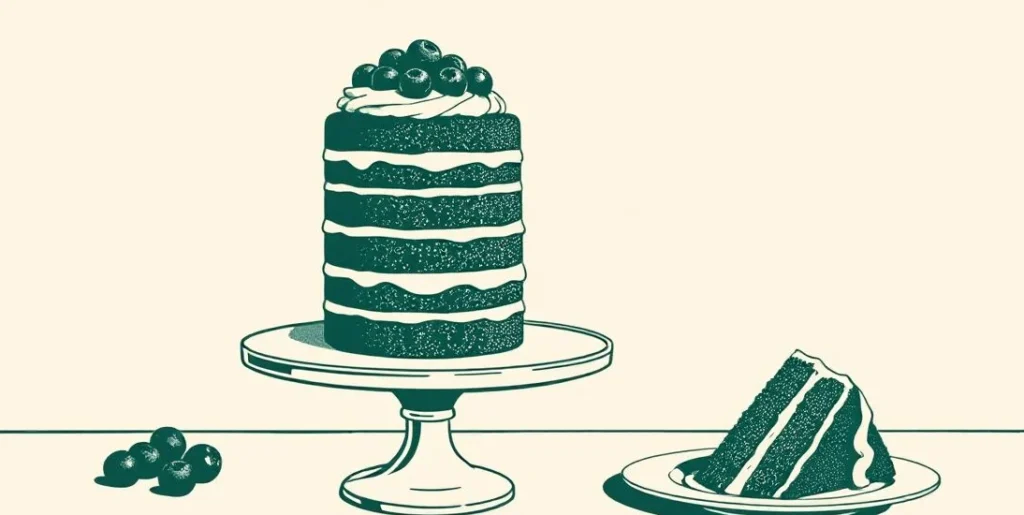 Illustration of a layered cake with berries on a stand and a slice
