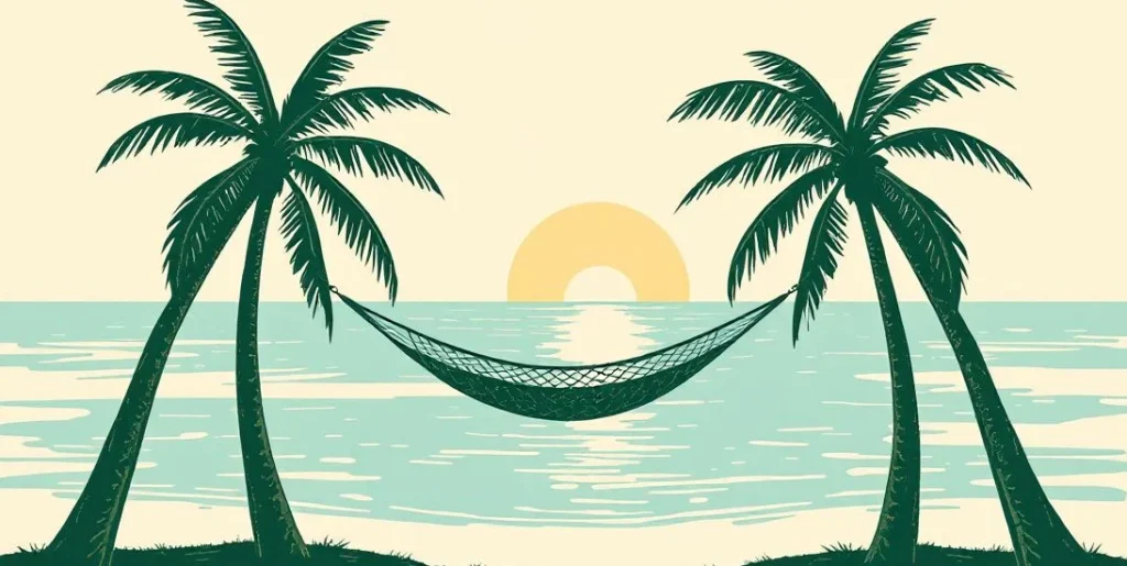 Illustration of a hammock between two palms over a calm lagoon at sunset
