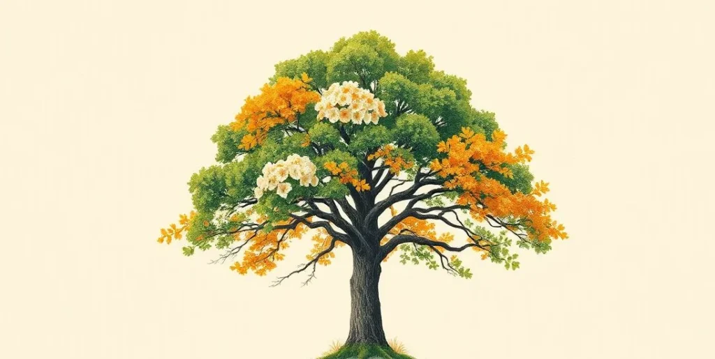 Illustration of one tree changing through the four seasons