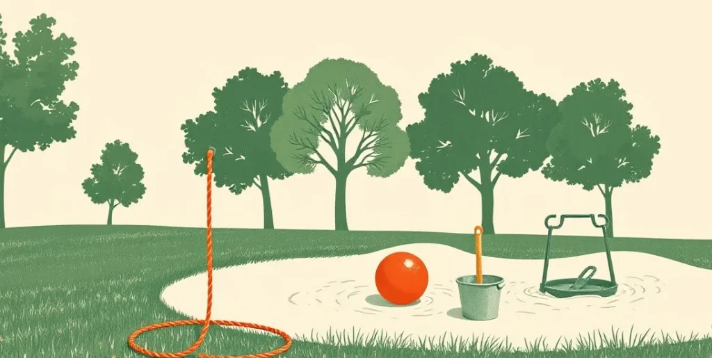 Illustration of a jump rope, a ball and a sandbox in a sunny park