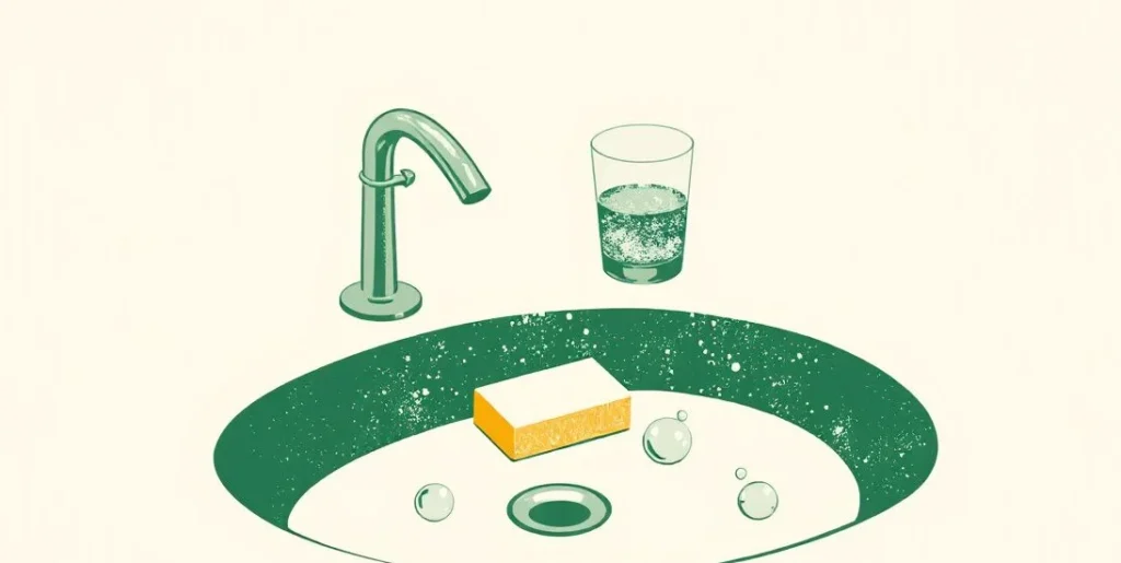 Illustration of a sparkling glass, a bar of soap and bubbles by a sink