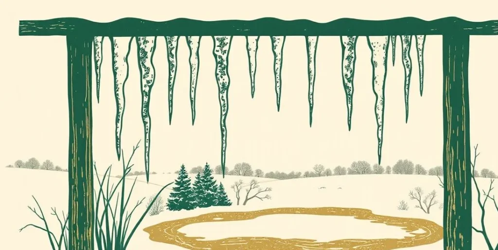 Illustration of icicles hanging from a snowy roof above a frozen pond