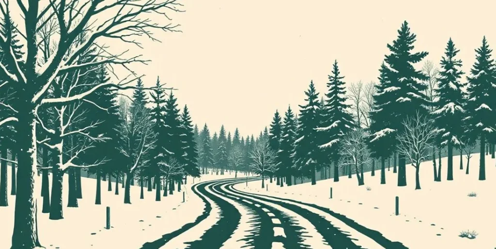 Illustration of an icy road through a frosted forest in falling snow