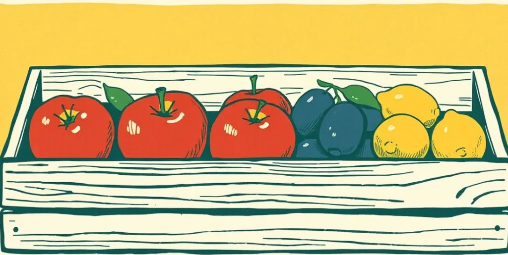 Illustration of red apples, blue plums, green limes and yellow lemons