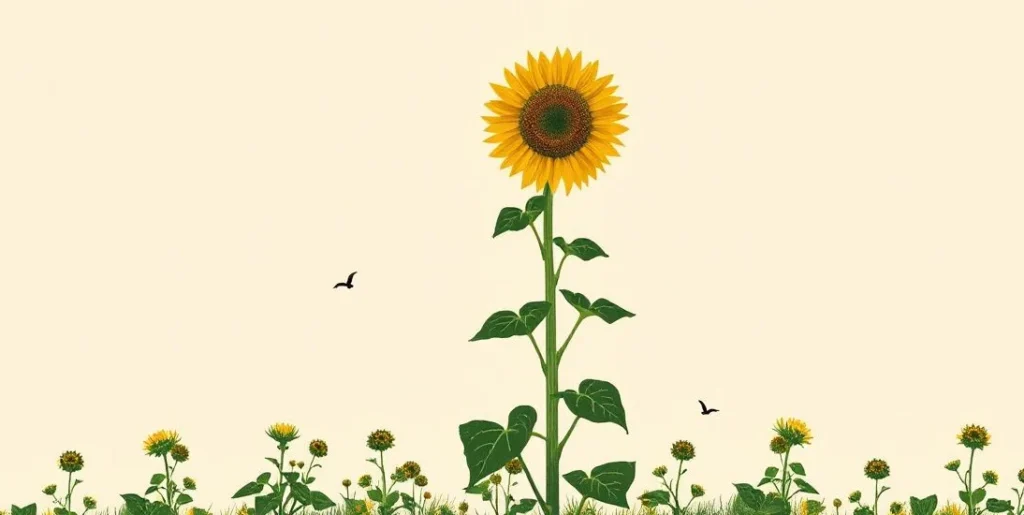 Illustration of a tall sunflower standing upright and facing the sun