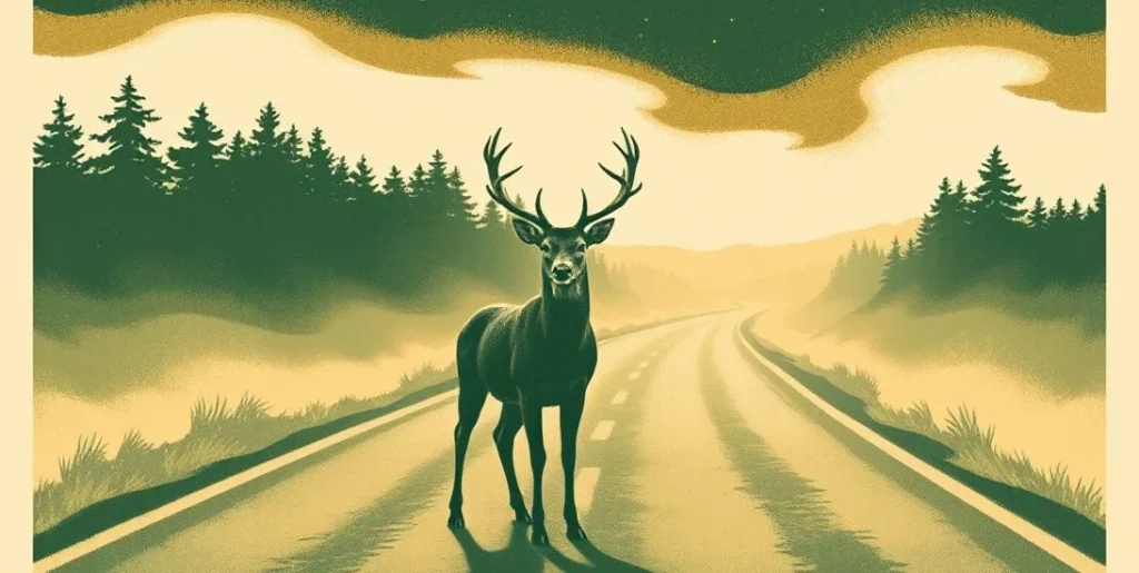 Illustration of a deer frozen in headlights on a foggy road